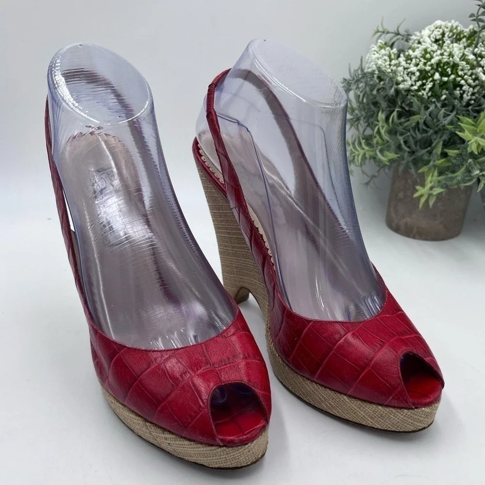 Oscar‎ De LA Renta Womens Red Print Leather Peep-Toe Slingback Wedge 39.5/US 8.5
